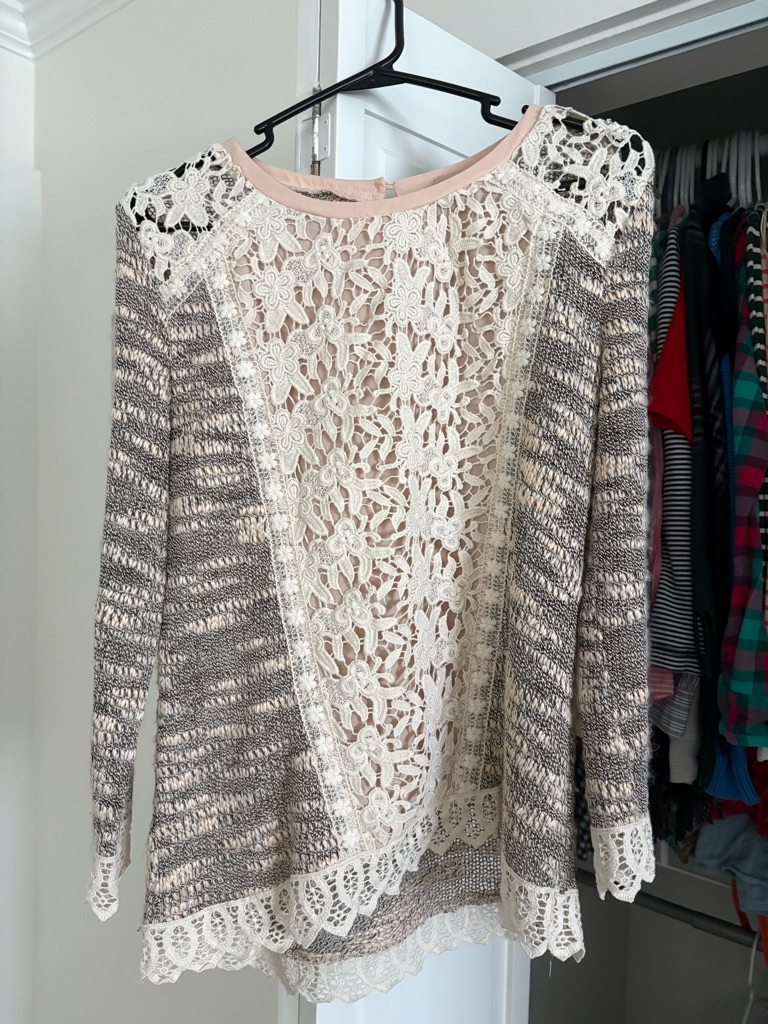 Anthropologie Cream Lace Inset Gray Crew Neck Sweater Lace Trim